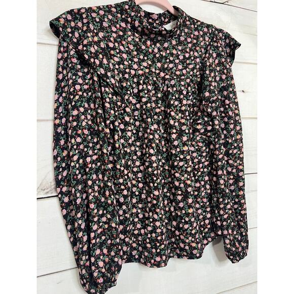 WAYF Anthropologie Long Sleeve Black Floral Top Size Large - Picture 7 of 7